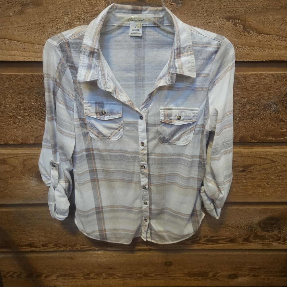 American Eagle Outfitters Plaid Button Down Shirt - White and Brown